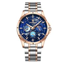 rorios Herren Edelstahl Armbanduhren Mode Analoge Quarz Uhr Elegant Leuchtend Uhren Multifunktional Chronograph Herrenuhren Roségold Blau A von rorios