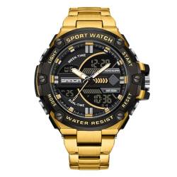 rorios Herren Elektronische Dual Display Uhr 5ATM wasserdichte Armbanduhr Digital Analog Quarz Uhren Multifunktional Militär Herrenuhren Edelstahl Armband Schwarz Gold B von rorios