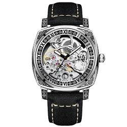 rorios Herren Mechanische Uhren Tourbillon Skelett Armbanduhr wasserdichte Automatik Uhr Vintage Quadrat Uhr mit Lederarmband Leuchtend Schwarz weiß von rorios