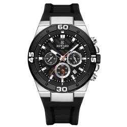 rorios Herren Mode Armbanduhren Sport Silikon Armband Uhr Analog Quarz Uhr Multifunktional Chronograph Uhr Leuchtend 3ATM Uhr für Männer Silber Schwarz von rorios