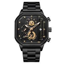 rorios Herren Quarz Uhren Mode Quadrat Armbanduhr Leuchtend Analog Uhr Multifunktional Chronograph Uhr Freizeit Edelstahl Armband Uhr für Männer Gold C von rorios