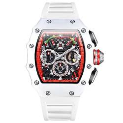 rorios Herren Tonneau Uhren Männer Analog Quarz Armbanduhren Multifunktional Chronograph Uhr Mode 50M wasserdichte Uhr mit Silikon Armband weiß Rot von rorios