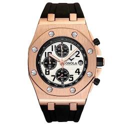 rorios Herrenuhren Portliche Analog Quarz Uhr Mode Chronograph Armbanduhr multifunktional wasserdichte Quarz Casual Gummiarmband Uhr Roségold Weiß von rorios