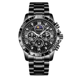 rorios Multifunktional Herrenuhren Elegant Diamant Uhren Analoge Quarz Uhr Edelstahl Chronograp Uhr Mode Armbanduhren für Herren Schwarz von rorios