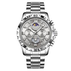 rorios Multifunktional Herrenuhren Elegant Diamant Uhren Analoge Quarz Uhr Edelstahl Chronograp Uhr Mode Armbanduhren für Herren Silber Grau von rorios