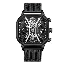 rorios Quarz Uhren für Herren Business Edelstahl Armbanduhr Leuchtend Analog Uhr Multifunktional Chronograph Uhr Mode Quadrat UH für Männer Schwarz B von rorios