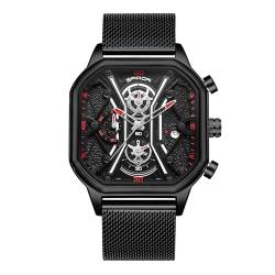 rorios Quarz Uhren für Herren Business Edelstahl Armbanduhr Leuchtend Analog Uhr Multifunktional Chronograph Uhr Mode Quadrat UH für Männer Schwarz Rot B von rorios