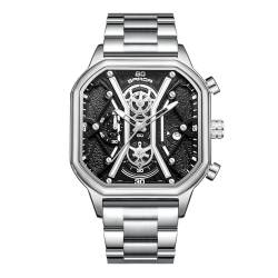 rorios Quarz Uhren für Herren Business Edelstahl Armbanduhr Leuchtend Analog Uhr Multifunktional Chronograph Uhr Mode Quadrat UH für Männer Schwarz Silber C von rorios