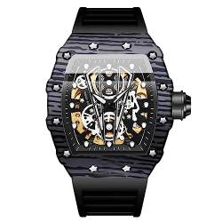 rorios Tonneau Armbanduhren für Herren Mechanische Automatik Uhr Mode Sport Uhr Wasserdicht Leuchtend Watch Männer Punk Uhr Silikon Armband Schwarz von rorios