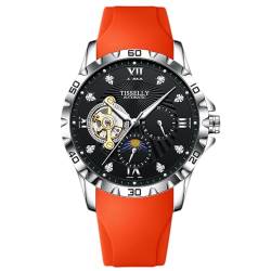 rorios Tourbillon Mechanische Armbanduhren Herren Multifunktional Uhr Mode Automatik Uhren Elegant Analog Herrenuhren mit Silikon Armband für Männer Orange von rorios