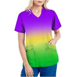 Arbeitsuniform T-Shirts für Frauen Sommer V-Ausschnitt Kurzarm T-Shirt Tie-Dye Farbverlauf Regenbogen bedruckte Oberteile Taschen Bluse von routinfly