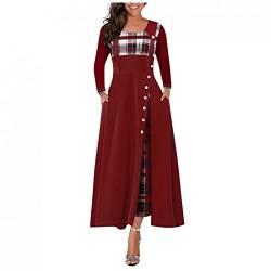 Casual Pullover Damen Kleid Rundhalsausschnitt Langarm Damen Kleider Plaid Print Spleißen Knopftasche Knöchellange Kleider von routinfly