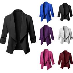 Damen Blazer Eleganter Mit Offener Front LäSsige Strickjacke Stilvoller Business BüRo Revers Blazer Damen Mantel 3/4 RüSchenäRmel Festival Jacke Slim Schicker Saum Solider Anzug Arbeitskleidung von routinfly