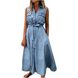 Damen Jeanskleider Casual Maxi - Solide ärmellose Taillenbindung Jeansjacke Taschen langes Kleid Western Sommerkleid bunt von routinfly