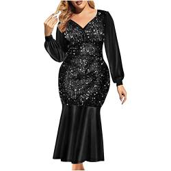 Party-Club-Kleid für Frauen mit V-Ausschnitt Langarm-Rock solides funkelndes Pailletten-Meerjungfrauenkleid knöchellanges Abendkleid von routinfly