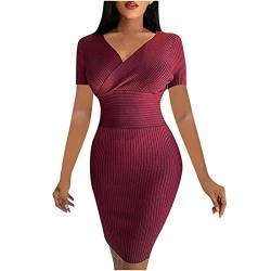 Pullover-Kleid für Frauen V-Ausschnitt Kurzarmkleid solide gestrickt schmal elastische Taille kurzer Minirock Tasche Hüfte Kleid von routinfly