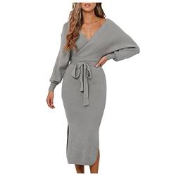 Sexy Pulloverkleid für Frauen V-Ausschnitt Kleid mit Fledermausärmeln Fest gestrickter Schnürrock mit seitlichem Schlitz Schlankes Kleid mit mittlerer Wade von routinfly