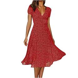 Sommer Damen Kleider LäSsiges Boho Kleid KurzäRmeliges Sexy V-Ausschnitt Wickelkleid A-Linie Swing Midi Kleid Knielanges Kleid Mit Polka Dot Muster Strandurlaub Urlaub Kleid Party Kleider S-XXL von routinfly