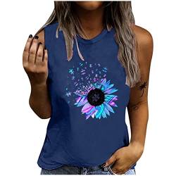 Sommerweste T-Shirts für Frauen mit Rundhalsausschnitt, ärmellose, dünne Bluse, Sonnenblume, bedruckt, beiläufig, lockeres T-Shirt mit Bodenbildung von routinfly