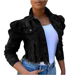 routinfly Damen Straße Kurzes Revers Ausgefranste Einreiher Denim Puffärmel Schlanke Jeansjacke Famale Windbreaker Damen Frack Zierlich Normal Halbe Ärmel von routinfly