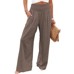 routinfly Leinenhose Damen Sommer Leichte Weite Hose Elegant Hohe Elastische Taille Baumwolle Leinen Casual Einfarbig Boho Sommerhose Gesmokte Palazzo Freizeithose Sporthose Yogahose Mit Taschen von routinfly