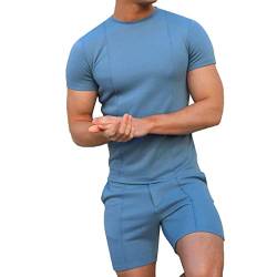 Anzug Männer Solide Shorts für Herren, Kurzarm-Set, T-Shirt, Sport-Set, dünnes Sommer-Zweiteiler-Set für Herren Jogginganzug Herren Winter (Blue, XXXL) von rtdgcv
