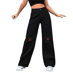 Jeanshosen Männer Damen Casual Loose Ripped Button Zipper Pocket Straight Leg Wide Leg Hose Jeans Kunstlederhose Damen Schwarz 48 (Black, M) von rtdgcv