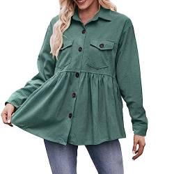 rtdgcv Cordjacke Damen Lässige, lockere Button-Down-Hemden für Damen, langärmelige, einfarbige Hemden, lässige Taschenmantel-Oberteile Kuschelmantel Damen Jacke Damen Kurz mit Rüschensaum von rtdgcv