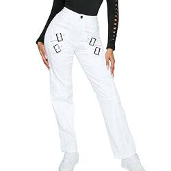 rtdgcv Damen Kurze Hose Stoff Casual Washed Buckle Street Stretch Jeans Hochelastische Jeans wasserdichte Hose Damen Eng (White, M) von rtdgcv