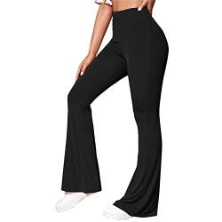 rtdgcv Grüne Hose Damen Vintage Elastische Damen-Yogahose mit hoher Taille, ausgestelltem Bell-Bottom-Rippstrick-Yogahose Damen Hose Elegant (Black, S) von rtdgcv