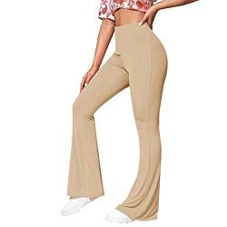 rtdgcv Grüne Hose Damen Vintage Elastische Damen-Yogahose mit hoher Taille, ausgestelltem Bell-Bottom-Rippstrick-Yogahose Damen Hose Elegant (Khaki, S) von rtdgcv