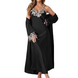 rtdgcv Morgenmantel Damen Satin Schwarz Langes seidenartiges Slip-Kleid für Damen mit Raffhalter hinten, 2-teiliges Set, lässig und sexy, Damen-Seidenpyjama, Herbst-Pyjama für Frauen Morgenmantel von rtdgcv