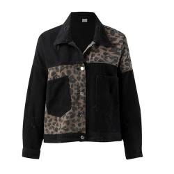 rtdgcv Vintage Leopard Denim Jacke Damen-Patchwork-Jeansjacke mit Leopardenmuster und langen Ärmeln Graue Jeansjacke Damen Mit Fell Patchwork-Leopardenmuster Boyfriend-Jacke, von rtdgcv