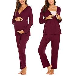 ruirui-home Damen Stillpyjama-Set, modisch, einfarbig, Nähte, multifunktional, Baumwolle, Stillen, langärmelig, Oberteil und Hose, Nachtwäsche, für Krankenhaus Gr. 38, rot von ruirui-home