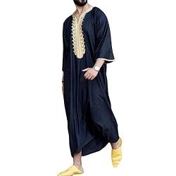 Muslimischer Abaya-Kaftan für Herren, Ramadan, islamische Kleidung, Türkei, Dubai, modisches Hemd, Hanf, locker, lässiger V-Ausschnitt, einfarbig, langer Bademantel, blau, XL von rumenfty