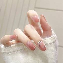 RUNRAYAY 24 Nägel mit mittlerem Bandmuster, rosa falsche Nägel an den Nägeln, falsche Nägel mit Wasserdiamant Acryl Nägel für Frauen von runrayay