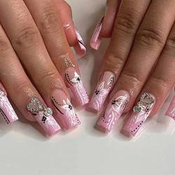 RUNRAYAY 24 Stück Pink Press on Nails Long mit Strasssteinen, Flower Glossy Fake Nails Coffin, Falsche Nägel für Frauen und Mädchen von runrayay