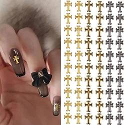 RUNRAYAY 60 Stück Kreuz Nail Art Ohrstecker für Nail Art Zubehör, Gold & Silber 3D Metall Retro Punk Nail Charms, Kreuzform Nagel Dekoration für Frauen Mädchen Nail Art Decor von runrayay