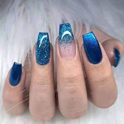 RUNRAYAY Blue Press On Nails Medium, Fack Nails Mit Pailletten Für Frauen Mädchen, Nude Nails Drücken Sie Auf Full Cover Nails Tipps Für Salon Perfect Nail von runrayay