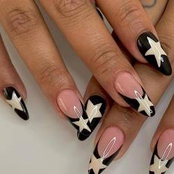 RUNRAYAY Drücken Nägel Mandeln, schwarze Drücken Nägel kurze, kleben an den Nägeln für Frauen, Fack Nägel mit Star-Design, weiche Falsche Nägel Kit von runrayay