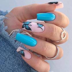 RUNRAYAY Medium Press on Nails mit Designs, Blaue Schmetterling Falsche Nägel Acryl Nägel Press on Stiletto Künstliche Nägel für Frauen Stick on Nails Statische Nägel von runrayay