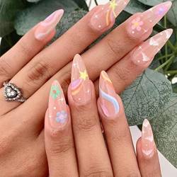 RUNRAYAY Nude Rainbow Press on Nails Medium mit Wolken-Design, Fack Nails für Frauen Mädchen, Pink Nails Press on Full Cover Nails Tipps für den Frühlings-Sommer-Salon von runrayay