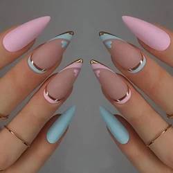 RUNRAYAY Ribbon Press On Nails Medium, Pink & Blue Almond Fake Nails, Glossy Stick On Nails Full Cover Stick On Nails Falsche Nägel mit Herzdesigns Acrylnägel für Frauen von runrayay