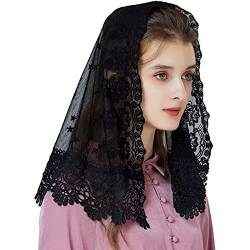 RUNRAYAY Schwarze florale Spitzenschleier, bestickte Kopfbedeckung lateinische Messe Mantille Kirche Schleier kurzes Tuch für Braut Frauen von runrayay
