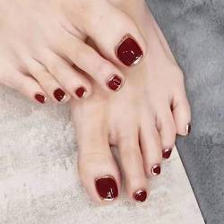 RUNRAYE feste Quadrate Falsche Nägel, rote Nägel für kurze Acryl-Falsche Nägel für schöne künstliche Sandstrände für Mädchen vollständig bedeckt Füße Nägel 24Pcs von runrayay