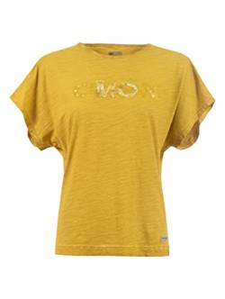 s'questo T-Shirt Damen Soquesto Shirt mit Print und Perlen Tshirt Schrift Druck Muster, Gr.42, Braun von s`questo