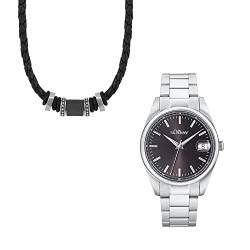 s.Oliver Halsband Edelstahl Carbon/Leder Herren Halsschmuck, 47+3 cm, Schwarz Armbanduhr Herren Quarzuhr Analog, mit Edelstahl Armband, Schwarz, 5 bar Wasserdicht von s.Oliver