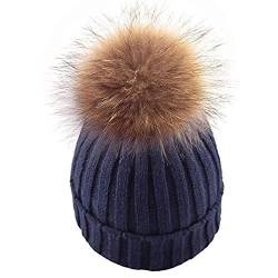 salefun Damen Strick-Mütze gefüttert mit Fell-Bommel, Kunstfell, Winter-Mütze, Bommelmütze Winter Strickmütze Weihnachten Geschenk von salefun