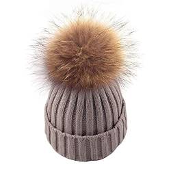 salefun Damen Strick-Mütze gefüttert mit Fell-Bommel, Kunstfell, Winter-Mütze, Bommelmütze Winter Strickmütze Weihnachten Geschenk von salefun