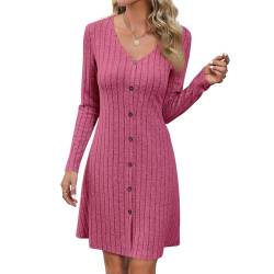 sancuanyi Strickkleid Damen A-Linie V-Ausschnitt kurz langärmelig vertikale Streifen Slim Daily Stretch Stoff Herbst und Winter Kleid rosa M von sancuanyi